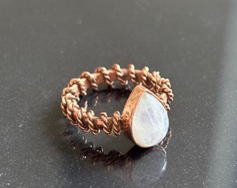 Handmade Copper Pear Shaped Rainbow Moonstone Ring, Nature Inspired Boho Jewelry