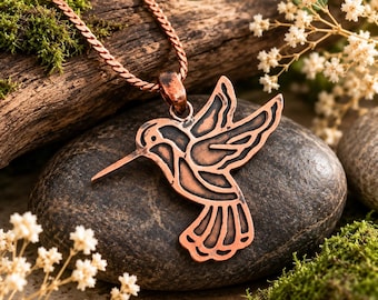 Handcrafted Copper Hummingbird Pendant Necklace, Nature Inspired Boho Jewelry