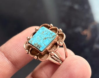 Vintage Copper Turquoise Flower Ring, Handmade Boho Statement Ring