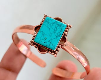 Handmade Turquoise Copper Bangle Bracelet, Boho Gemstone Jewelry, Statement Bracelet for Women, Everyday wear