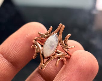 Rainbow Moonstone Copper Branch Ring, Nature Inspired Statement Jewelry