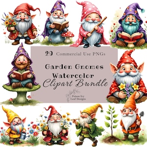 Watercolor Garden Gnome Clipart: 29 PNG Illustrations (Digital Download, Commercial Use