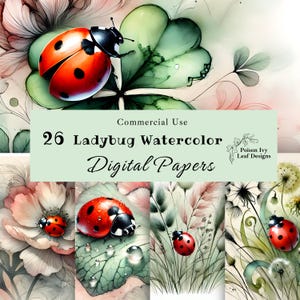 Ladybug Watercolor Digital Paper: Spring Floral Backgrounds (Commercial Use, Digital Download)