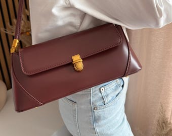 Elegante bolso de hombro italiano de piel vegana en marrón rojizo | Bolso de diseñador hecho a mano, calidad premium