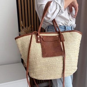 Large Handmade Vegan Beach Bag with Leather Details – Summer Straw Tote – Boho Woven Shopper Handbag