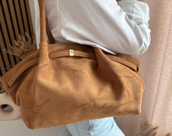Bolso vegano marrón hecho a mano & gran shopper boho suave – ante sintético diario de oficina