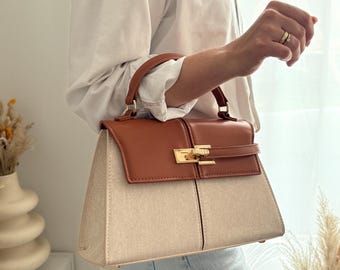 Bandolera italiana en vegan leather beige canvas & cognac – bolso diseñador hecho a mano