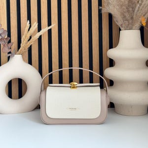 Handmade Beige Crossbody Bag with Fabric Flap & Gold Buckle – Premium Vegan Leather, Compact and Elegant, Statement Piece