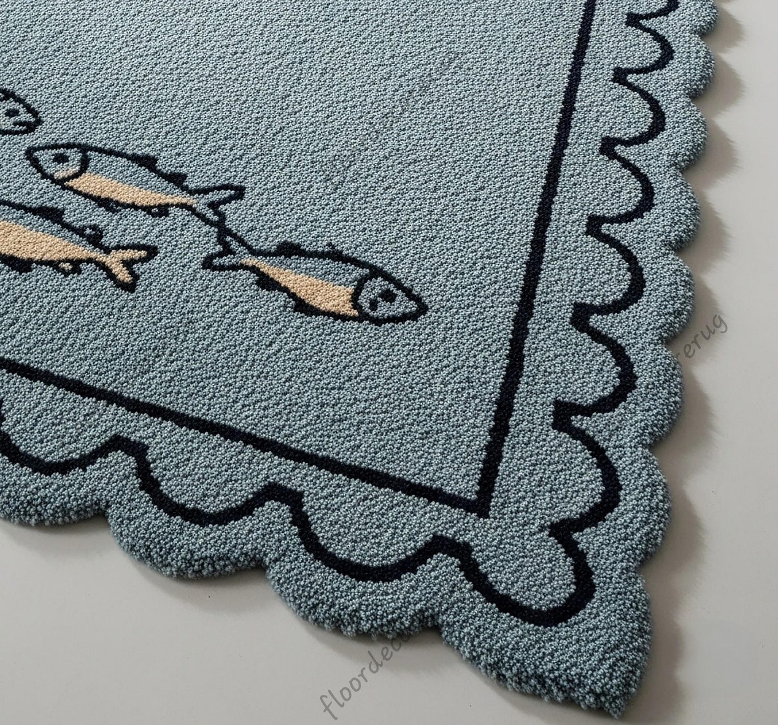 Fish Tuft Rug Blue Fish Scalloped Wool Rug, Hand Tufted Coastal Area Rugs - Etsy