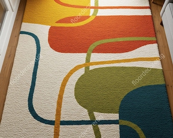 Colorful Abstract Wool Rug, Mid Century Modern Hand Tufted Area Rugs