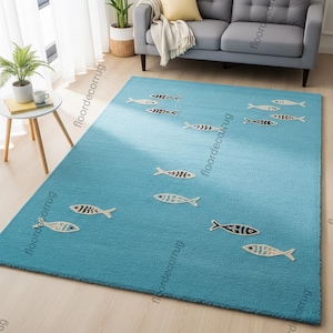 Aqua Blue Fish Hand Tufted Rug, Modern Contemporary Ocean Theme Wool Rugs for Living Room, Unique Handmade Bedroom Area Carpet