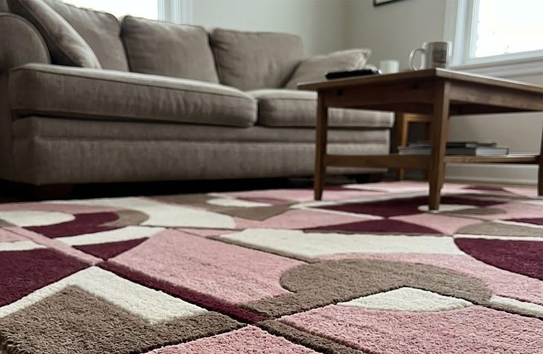 Textured Rug Pink Dusty Pink Geometric Wool Rug, Hand Tufted Burgundy Art Deco Custom ...