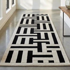 Black White Geometric Maze Runner Rug, Hand Tufted Wool Modern Custom Hallway Decor