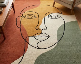 Modern Face Wool Rug, Hand Tufted Orange Green Abstract Area Rugs for Living Room
