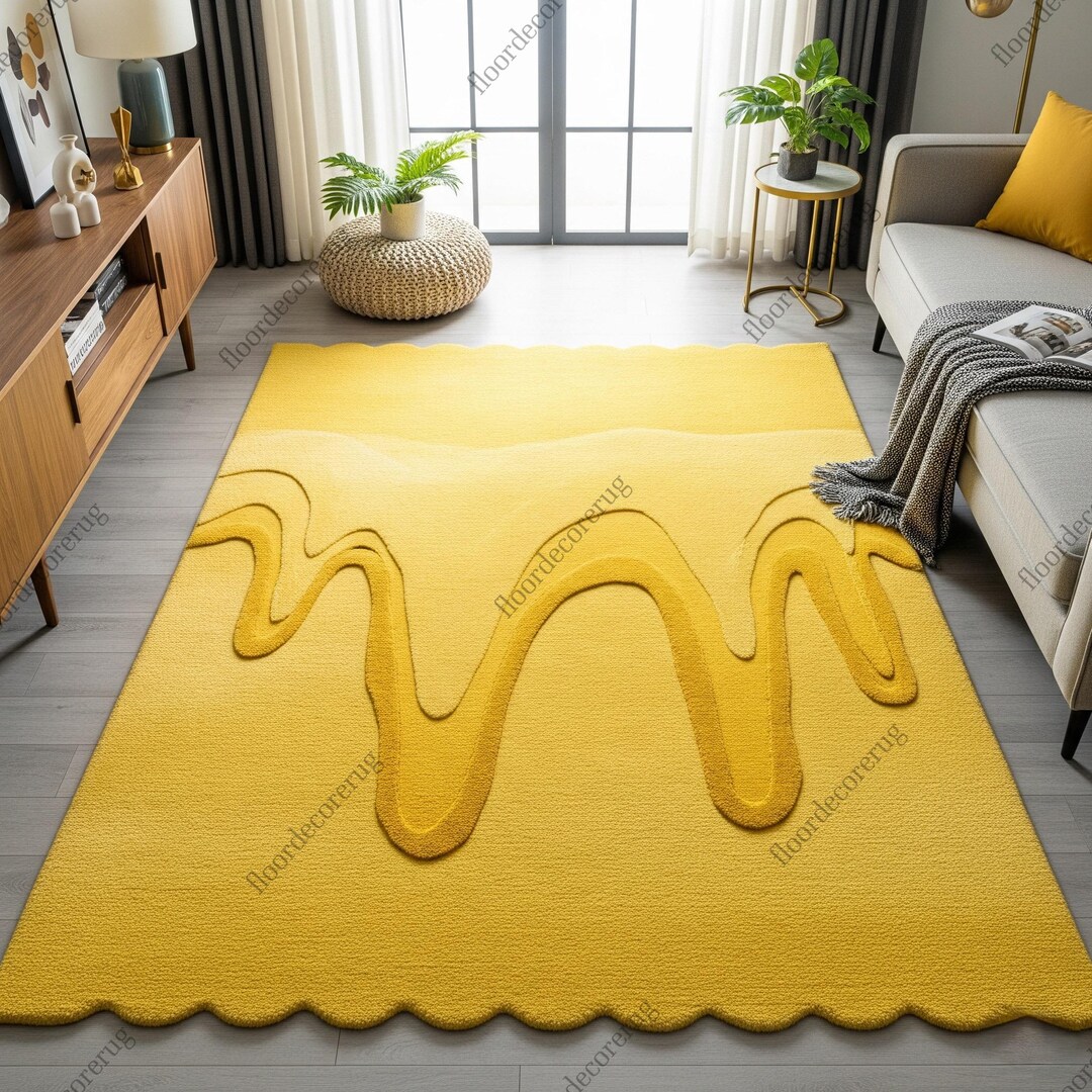 Dripping Rug Golden Yellow Scalloped Hand Tufted Melting Design Wool Area Rug for ...
