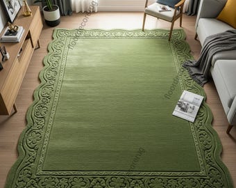 Sage Green Scalloped Wool Rug, Hand Tufted Floral Border Area Rugs