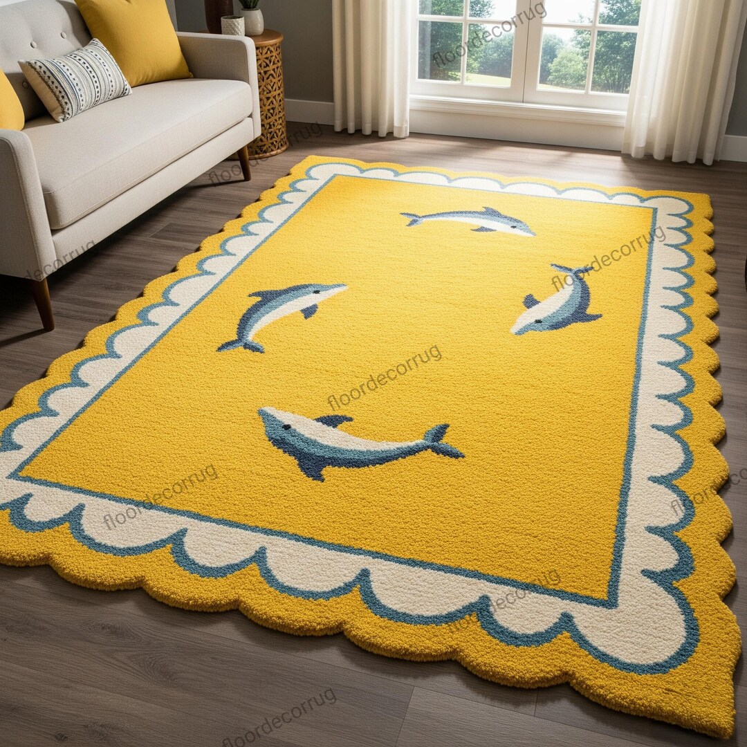 Yellow off White Blue Dolphin Scalloped Hand Tufted Wool Rug for Living ...