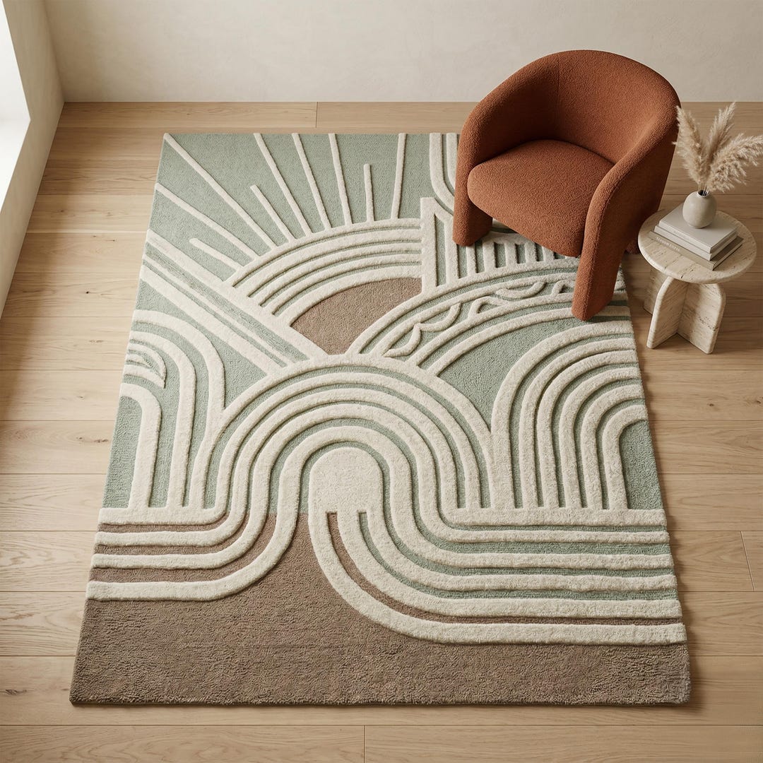 Hand Tufted Rug, Abstract Sun Arch Design, Modern Neutral Wool Area Rug ...