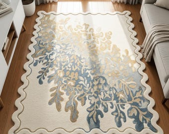 Off White Blue Floral Scalloped Rug, Hand Tufted Botanical Wool Area Rugs