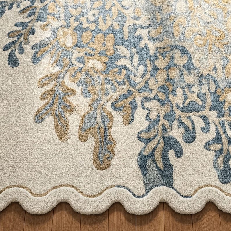 Off White Blue Floral Scalloped Rug, Hand Tufted Botanical Wool Area ...
