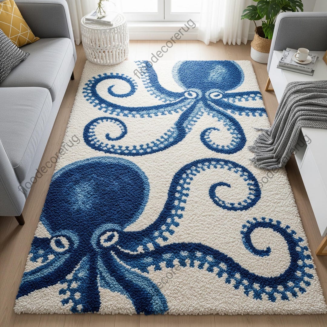 Octopus Channel Rug White Blue Octopus Tufted Rug, Modern Nautical Wool Area Rugs for ...