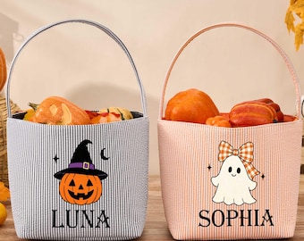 Cesta de dulces de Halloween personalizada, bolsa de truco o trato a cuadros, regalo de Halloween para niños