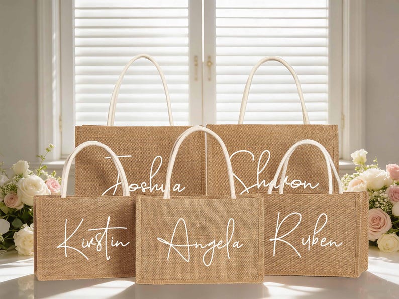 Personalized Burlap Tote, Custom Jute Beach Bag, Bridesmaid Gift, Wedding Welcome Bag image 4
