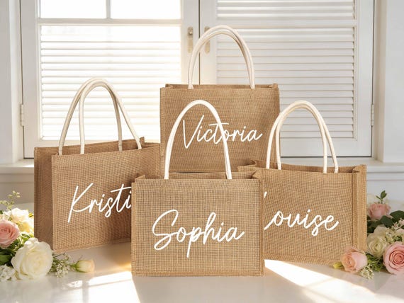 Personalized Burlap Tote Bag:Custom Name Monogram Jute Beach Bag,Bridesmaid Gift,Bachelorette Party Favor,Wedding Welcome Bag