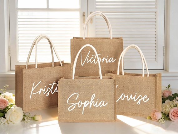 Custom Name Monogram Burlap Tote Bag, Bridesmaid Beach Wedding Favor
