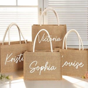 Personalized Burlap Tote, Custom Jute Beach Bag, Bridesmaid Gift, Wedding Welcome Bag image 1