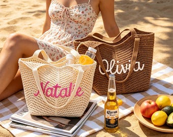 Personalized Crochet Beach Tote Bag, Bridesmaid Gift, Bachelorette Trip Bag
