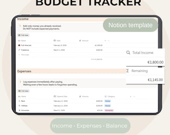 Paycheck Budget Tracker Notion Template – Monthly Income & Expense Planner, Simple Money Tracker, Digital Download