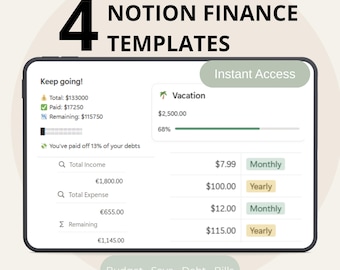 Notion Finance Bundle | Budget Planner, Expense Tracker, Debt & Savings | 4 Templates