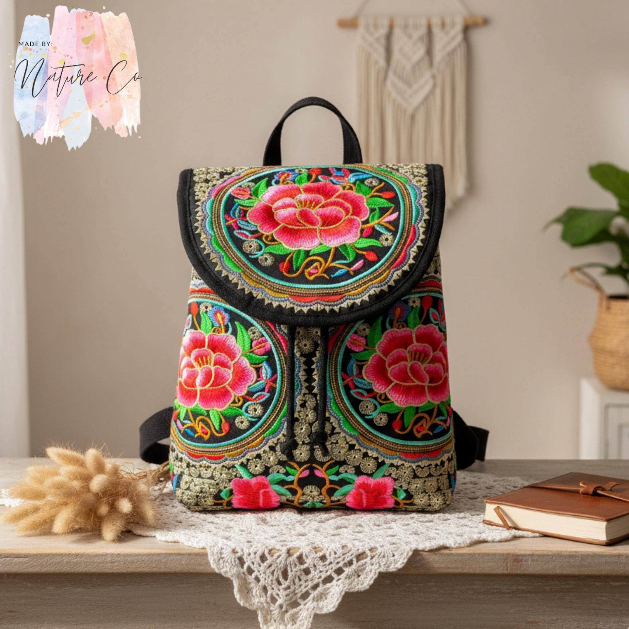 VTG Bohemian Floral Embroidered Canvas Backpack Black Blue Purple Folk Art Bag Dark Cottagecore Boho Folk Art Flowers Multifunctional  main image 3