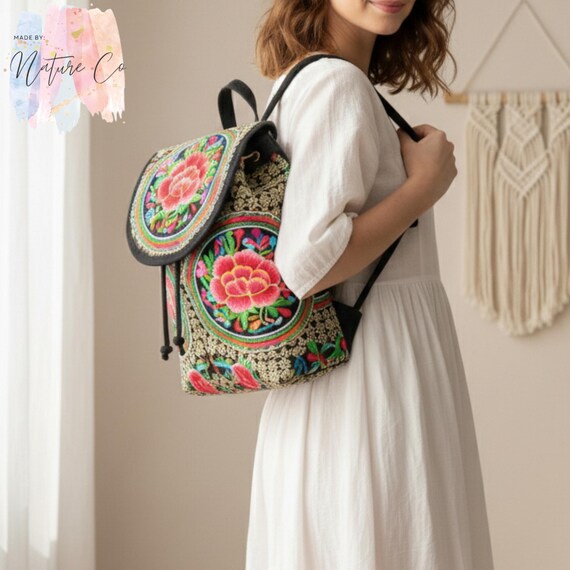 Bohemian Backpack with Antique Embroidered Flowers and Vibrant Boho Print Fabric Amazon.com | Jursccu Floral Embroidery Backpack Purses for  main image 3