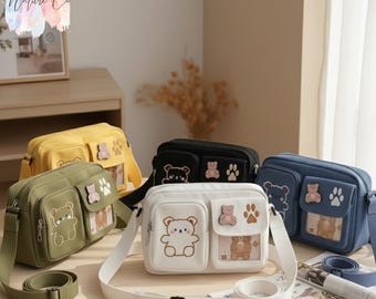 Canvas schoudertas met geborduurde beer, portemonnee in kawaii-stijl in Japanse stijl, schoudertas, studentencadeau, cadeau voor haar