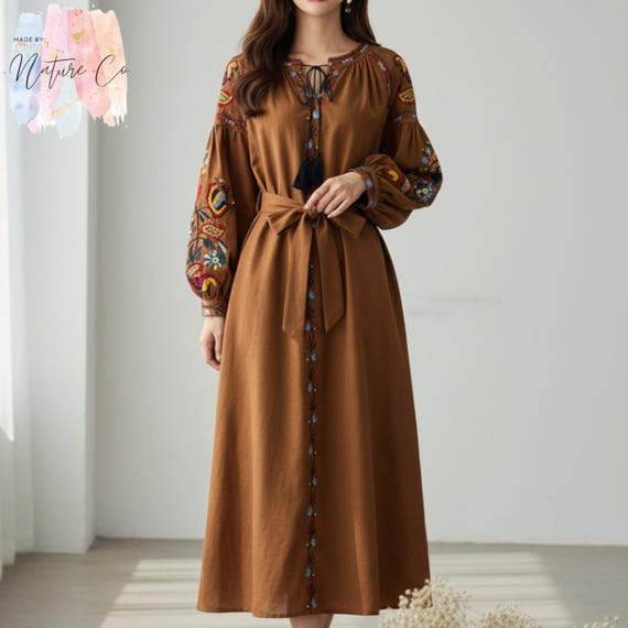 Vintage Embroidered Cotton Linen Dress, Long Sleeve Embroidered A-Line Dress, Lantern Sleeve Spring Outfit, Boho Dress, Gift for Her