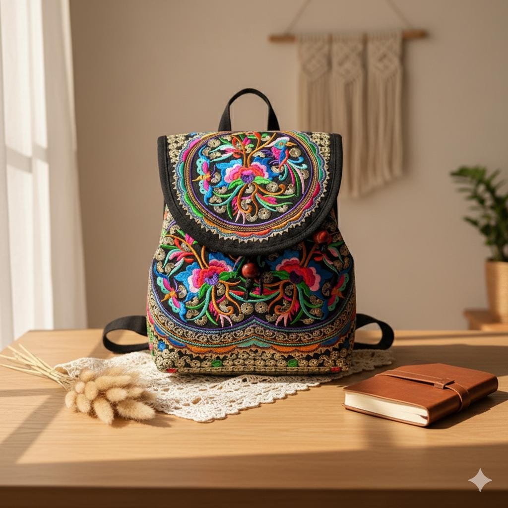 Boho Floral Embroidered Canvas Backpack-women display picture 3