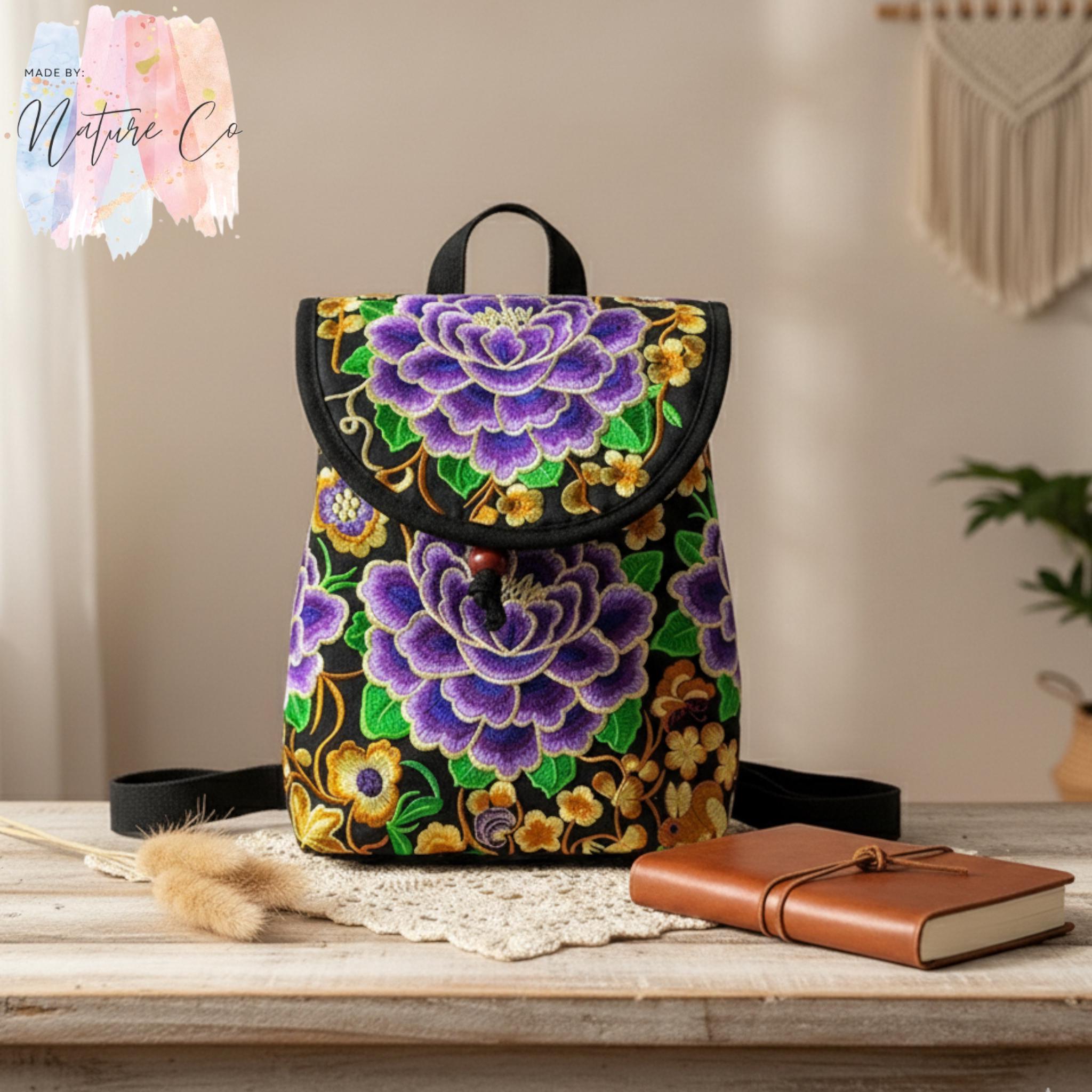 Boho Floral Embroidered Canvas Backpack-women display picture 3