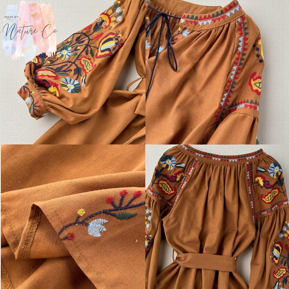 Vintage Embroidered Cotton Linen Dress, Long Sleeve Embroidered A-Line Dress, Lantern Sleeve Spring Outfit, Boho Dress, Gift for Her