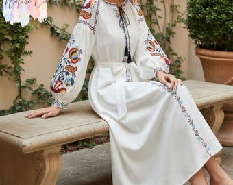 Vintage Embroidered Cotton Linen Dress, Long Sleeve Embroidered A-Line Dress, Lantern Sleeve Spring Outfit, Boho Dress, Gift for Her
