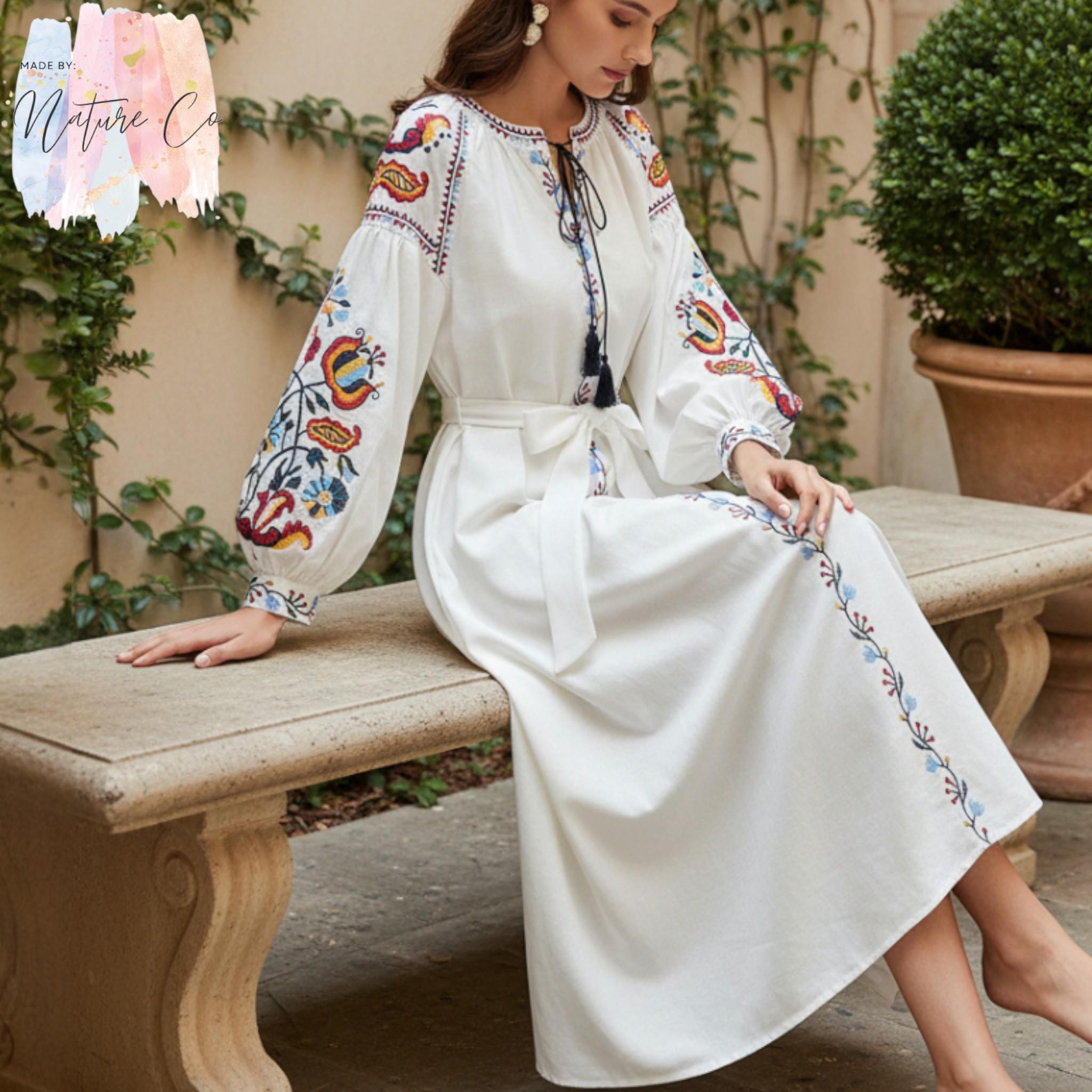floral embroidered dress long sleeve Vintage Blue Floral Embroidered Maxi Dress – The Hippie Shake