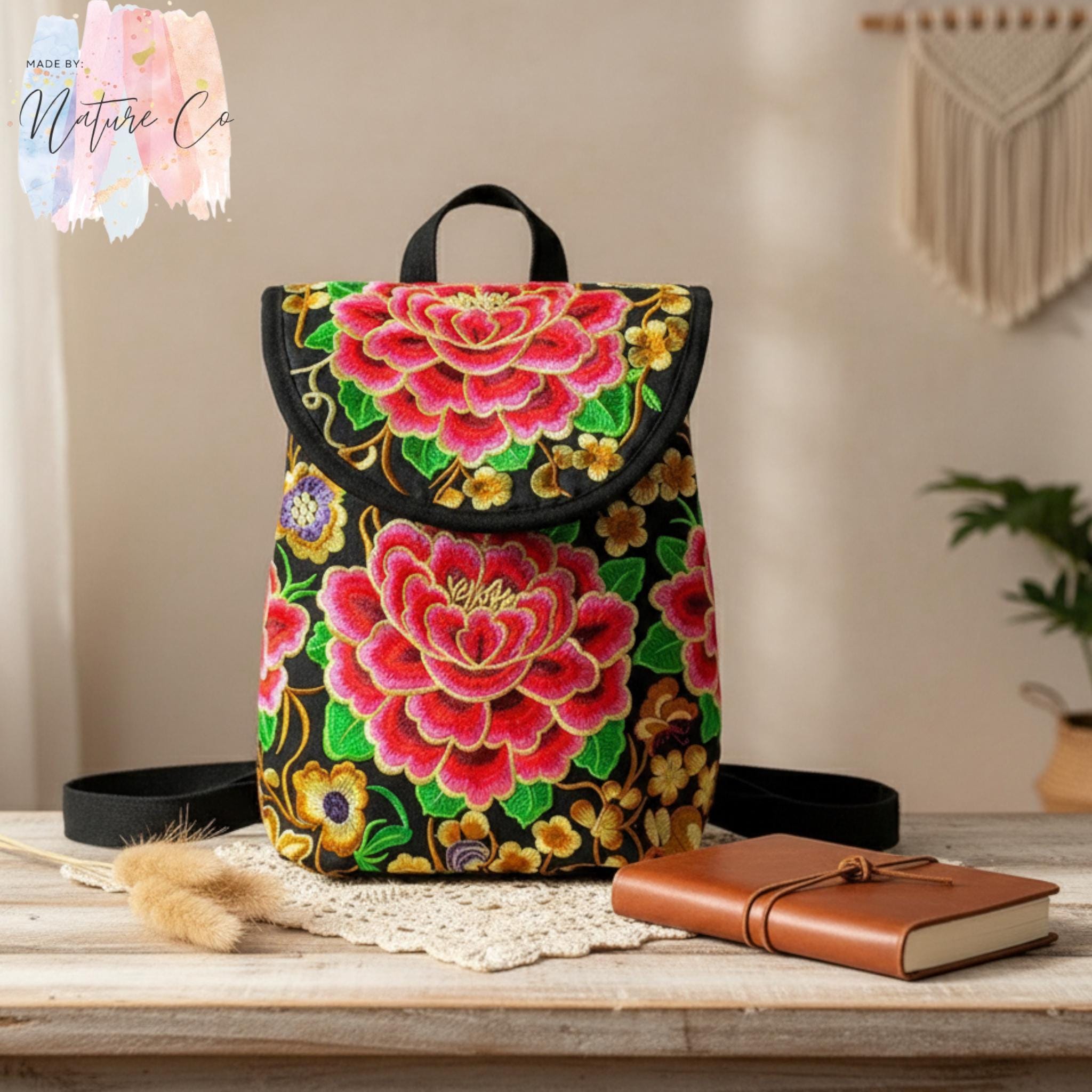 Boho Floral Embroidered Canvas Backpack-women