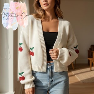 Cherry Embroidered Knit Cardigan for Women, Buttonless Open Front Sweater, Loose Casual Autumn Winter Commuter Jacket, Gift for Her