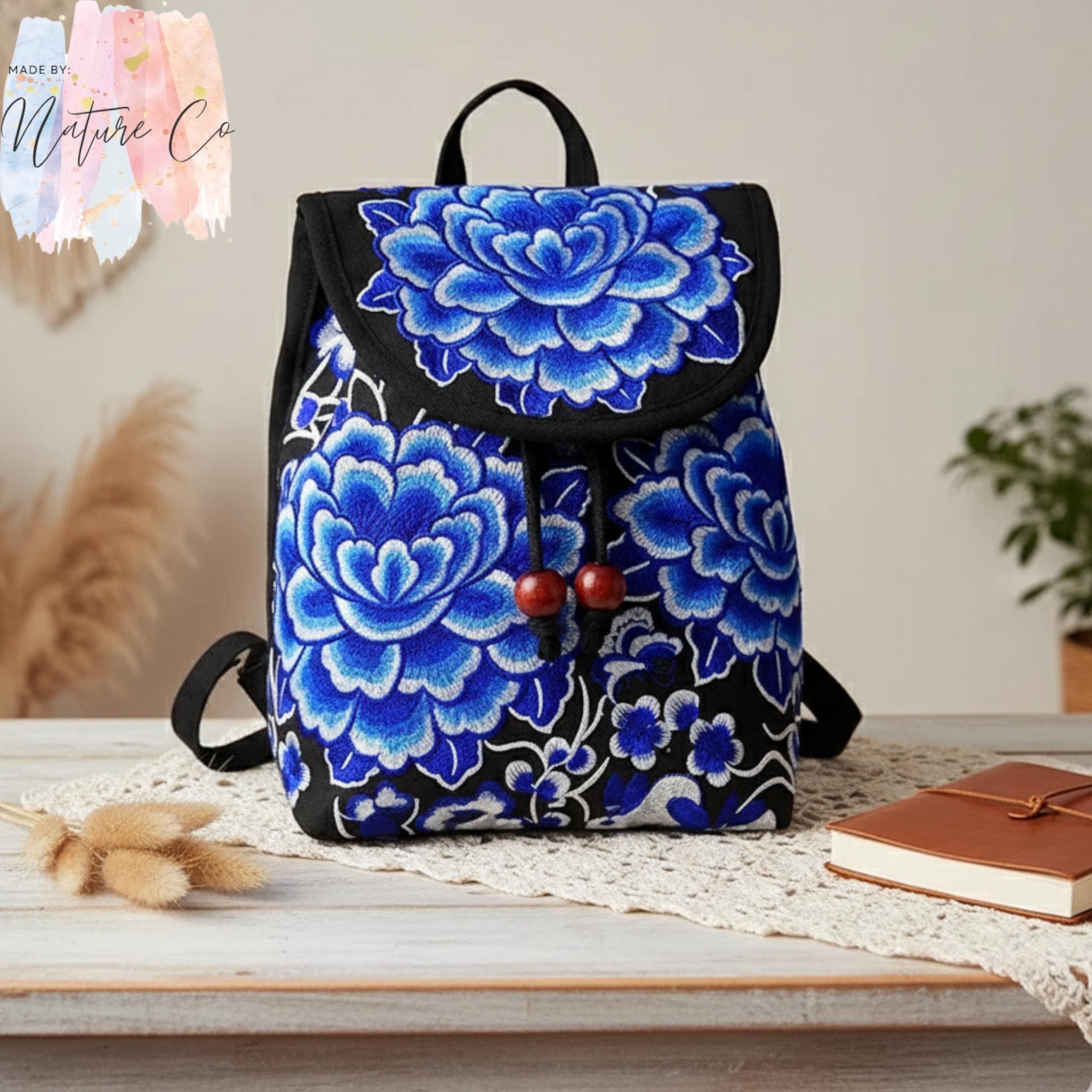 Boho Floral Embroidered Canvas Backpack-women