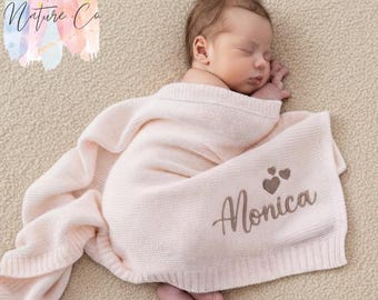 Personalized Baby Blanket, Embroidered Cotton Knit, Baby Shower Gift, Newborn Baby Gift, Cotton Knitted Stroller Blanket, Gift for baby