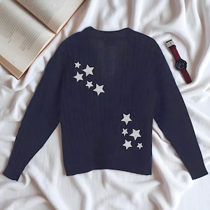 Midnight Navy Star Embroidery Cardigan, Winter Knit Sweater for Women, Spring Casual Button Front Knitwear, Aesthetic Gift for Her