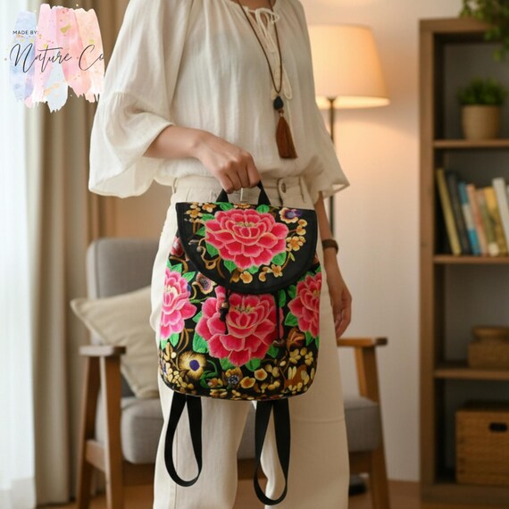 Boho Embroidered Canvas Backpack for Women Chic Womens Embroidery Canvas Backpack Bag Rucksack  main image 4