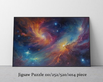 May include: A jigsaw puzzle depicting a colourful nebula with swirling patterns in shades of blue, orange, and purple. The puzzle has a black border and the text "Jigsaw Puzzle 110/252/520/1014 piece" at the bottom.