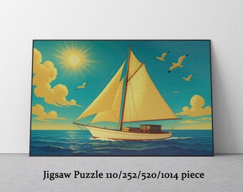 Vintage Yacht Sailing Jigsaw Puzzle for Adults – 1950s Retro Travel Poster Style, Ocean and Seagulls